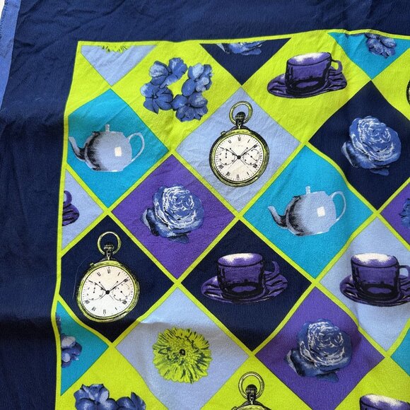 Adrienne Vittadini Blue & Green Silk Scarf Teapots Roses Clocks Checkered Vtg - Picture 4 of 7